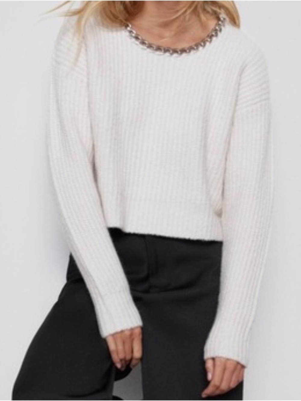 Zara Cream Chunky Knit Chain-Trim Sweater - Women